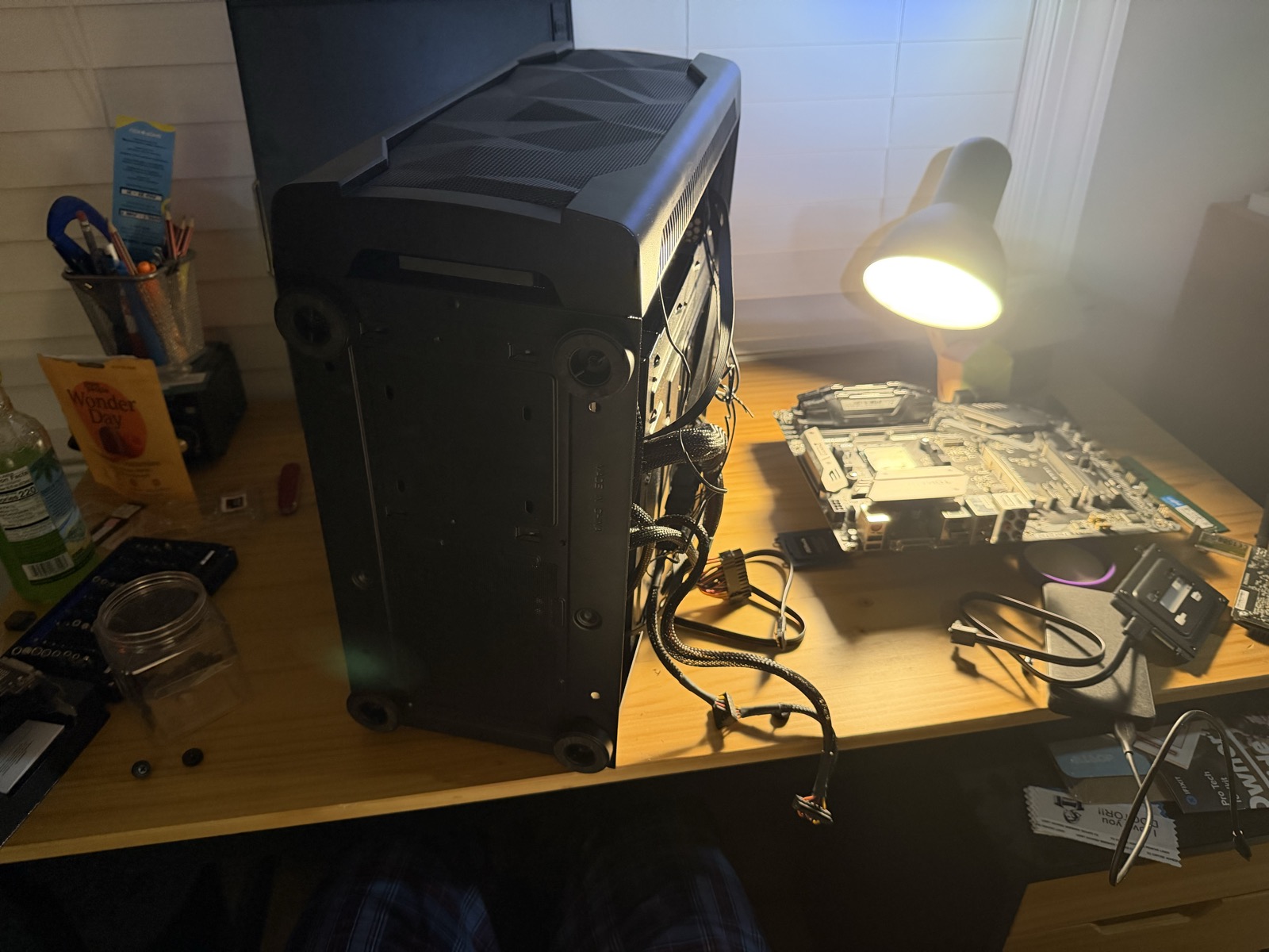 Ayden's workbench — open case and tools on the desk